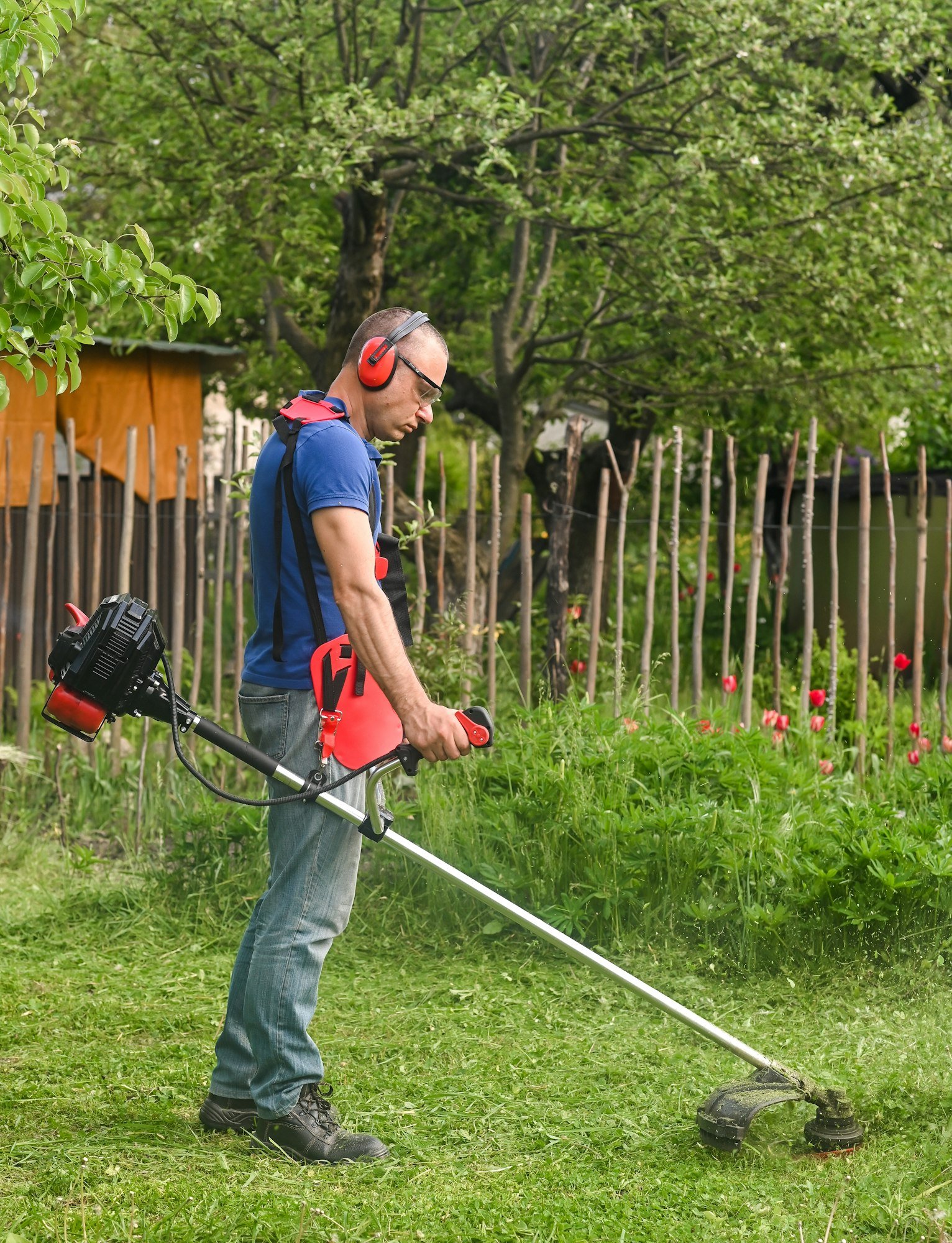 lawn trimming with hand mower.